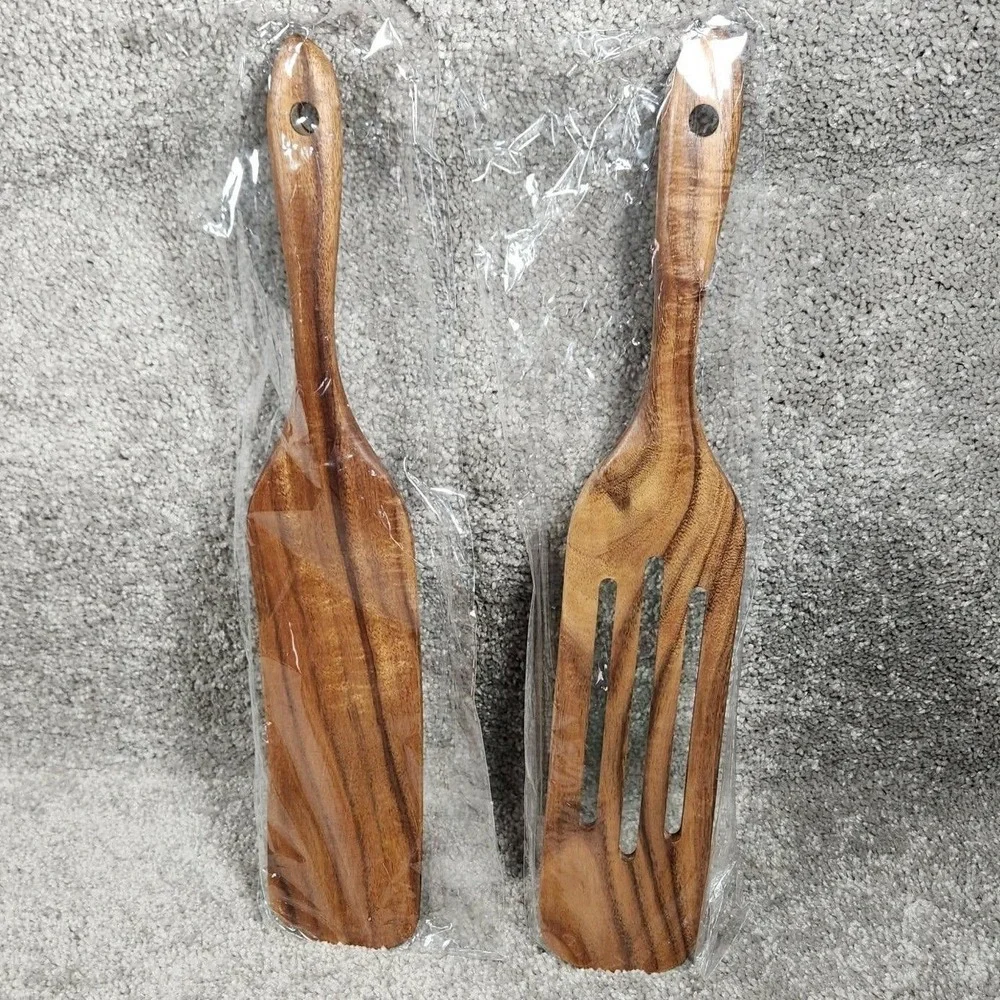 Wooden Salad‎ Server Set Brown Slotted and Solid Paddles
